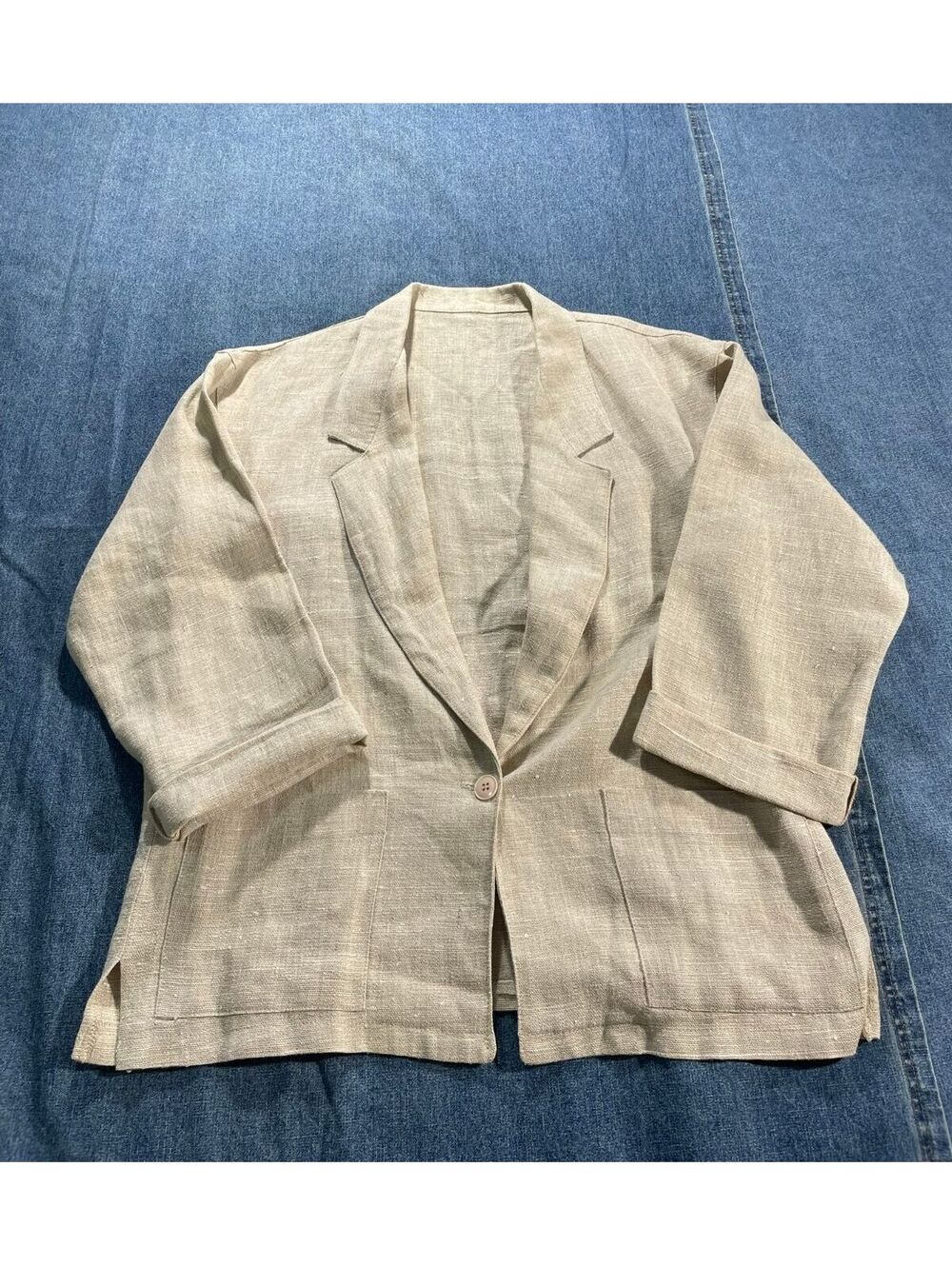 Vintage 90's linen look long notch collar blazer patch pocket one button Large